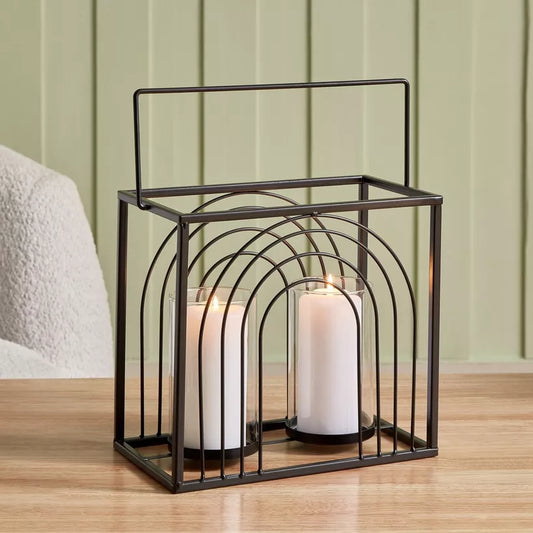 Modern Black Metal Ribbed Candleholder with Glass Votive