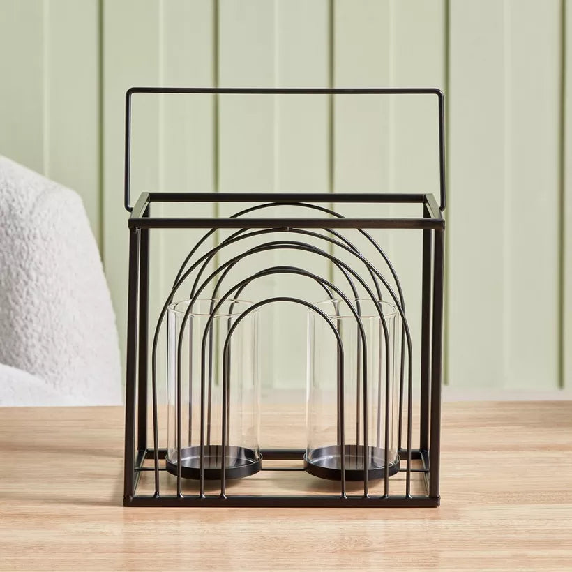 Modern Black Metal Ribbed Candleholder with Glass Votive