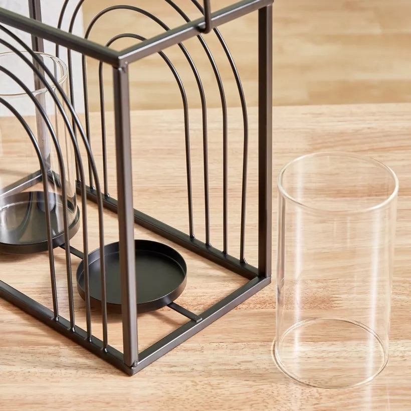 Modern Black Metal Ribbed Candleholder with Glass Votive
