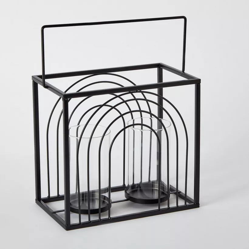 Modern Black Metal Ribbed Candleholder with Glass Votive