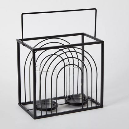 Modern Black Metal Ribbed Candleholder with Glass Votive