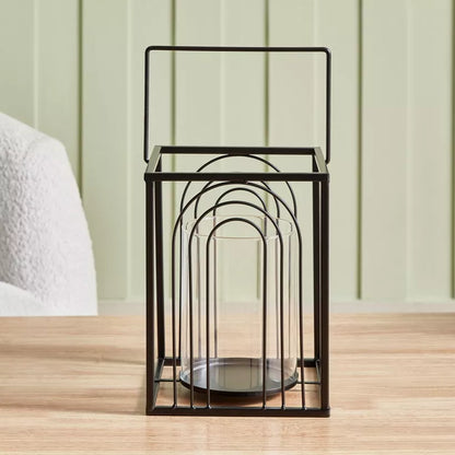 Modern Black Metal Ribbed Candleholder with Glass Votive