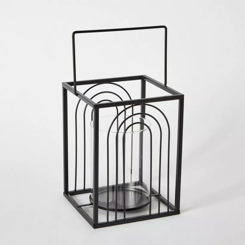 Modern Black Metal Ribbed Candleholder with Glass Votive