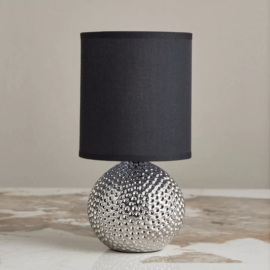 Modern Silver Dimpled Orb Ceramic Table Lamp with Black Shade - 27 cm