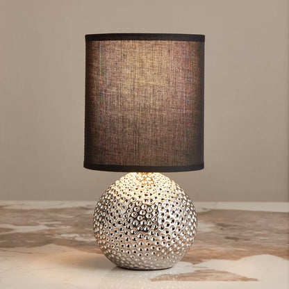 Modern Silver Dimpled Orb Ceramic Table Lamp with Black Shade - 27 cm