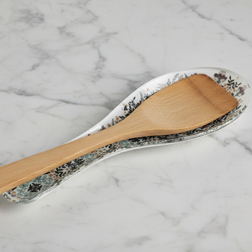 Wooden spatula on a floral-patterned ceramic plate against a marble background