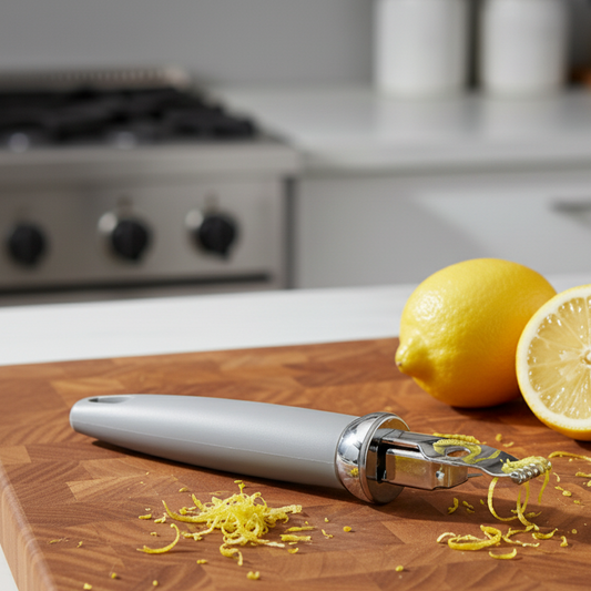 Zester on a wooden cutting board with lemons in a kitchen setting