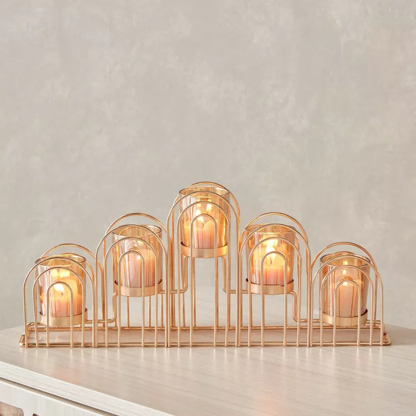 Grand Rose Gold Tapered Candelabra with Glass Votive Holders