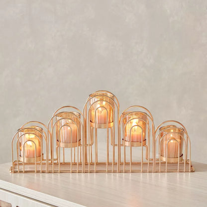 Grand Rose Gold Tapered Candelabra with Glass Votive Holders