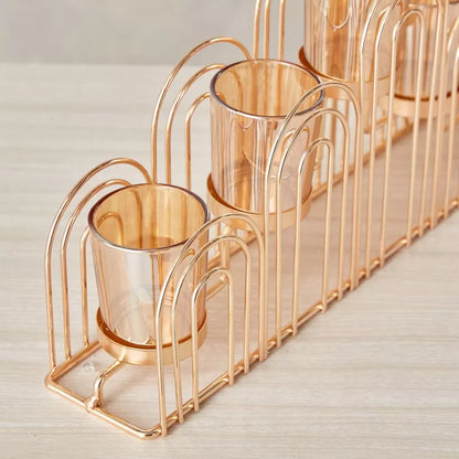 Grand Rose Gold Tapered Candelabra with Glass Votive Holders