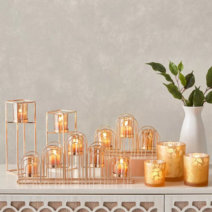 Grand Rose Gold Tapered Candelabra with Glass Votive Holders