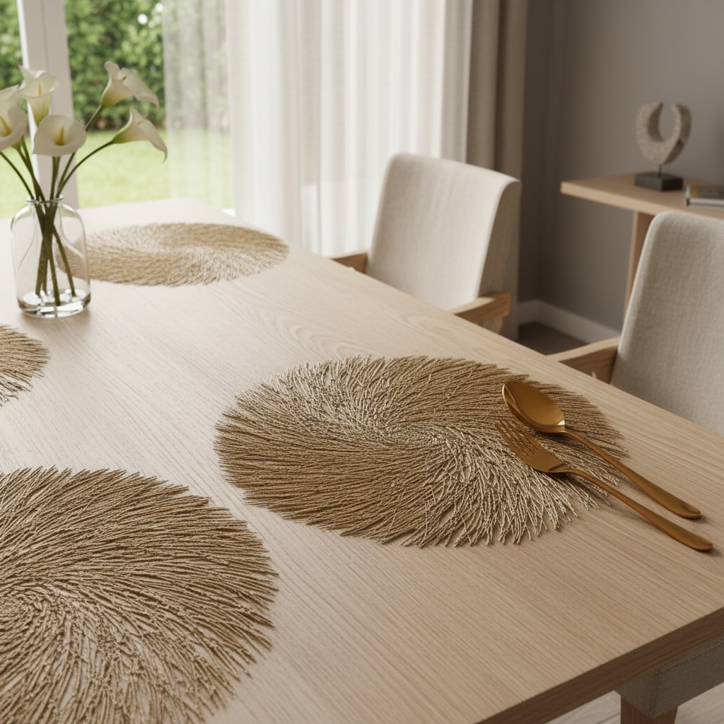 Dining table with textured placemats and gold cutlery, set in a bright room.