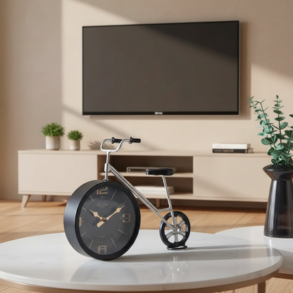 Bicycle-shaped clock on a table in a living room with a TV and plants in the background