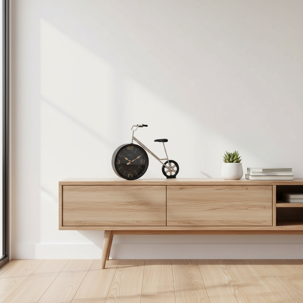 Wooden sideboard with decorative items against a white wall