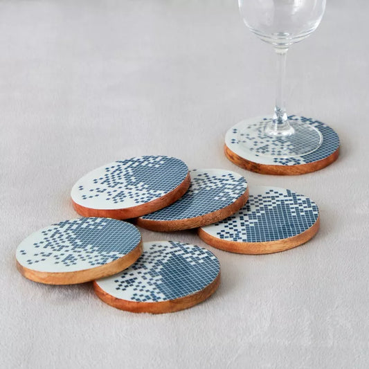 Blue & Grey Abstract Pattern Wooden Coasters (Set of 6)