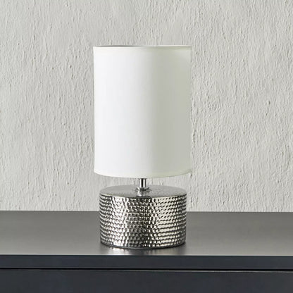Chic Silver Hammered Cylinder Ceramic Table Lamp with White Shade - 31 cm