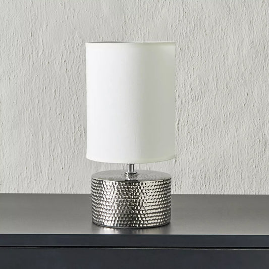 Chic Silver Hammered Cylinder Ceramic Table Lamp with White Shade - 31 cm
