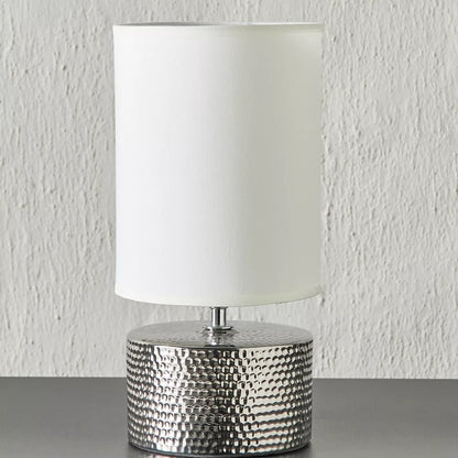 Chic Silver Hammered Cylinder Ceramic Table Lamp with White Shade - 31 cm