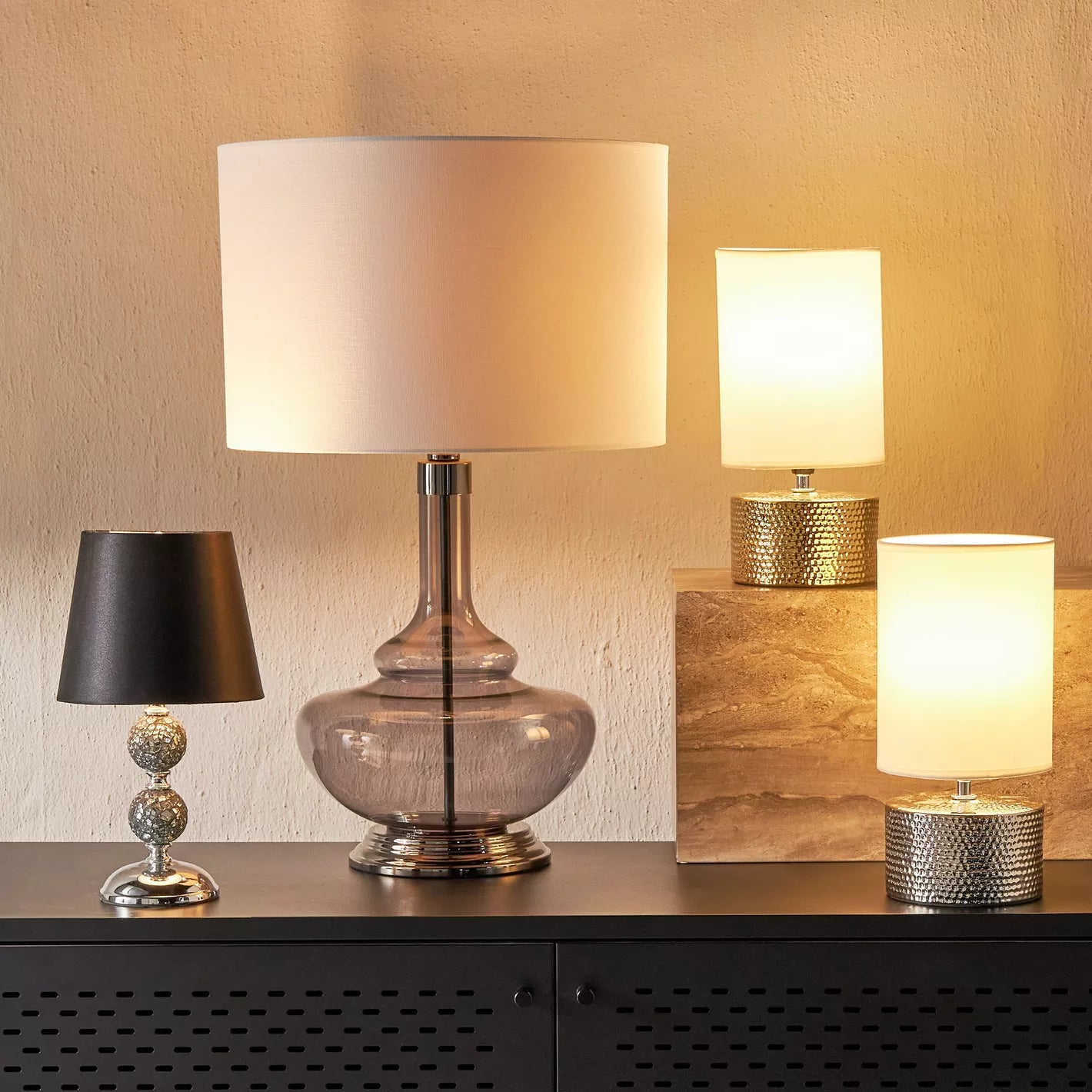 Chic Silver Hammered Cylinder Ceramic Table Lamp with White Shade - 31 cm