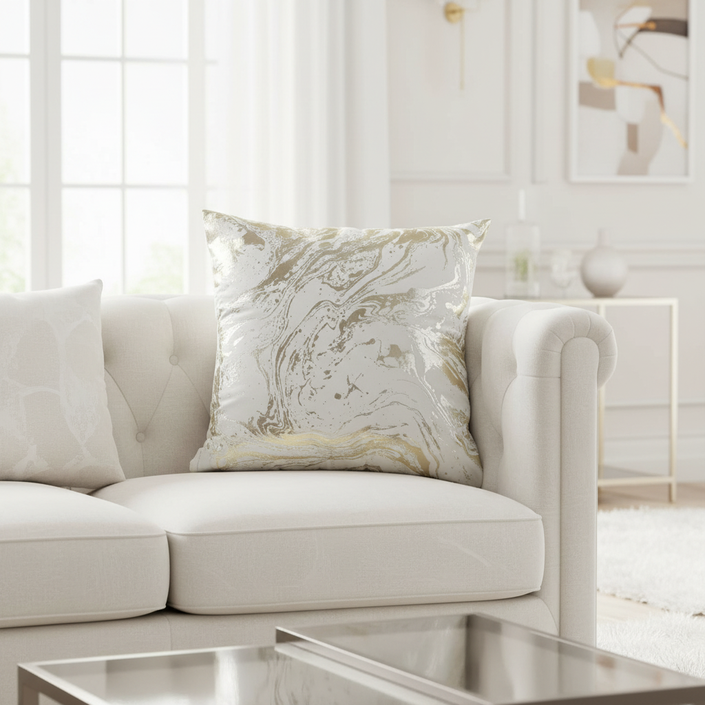 White sofa with a decorative pillow in a bright living room
