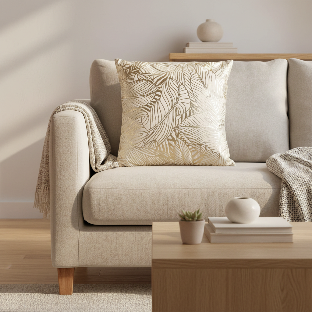Beige sofa with a decorative pillow and a wooden coffee table in a living room setting.