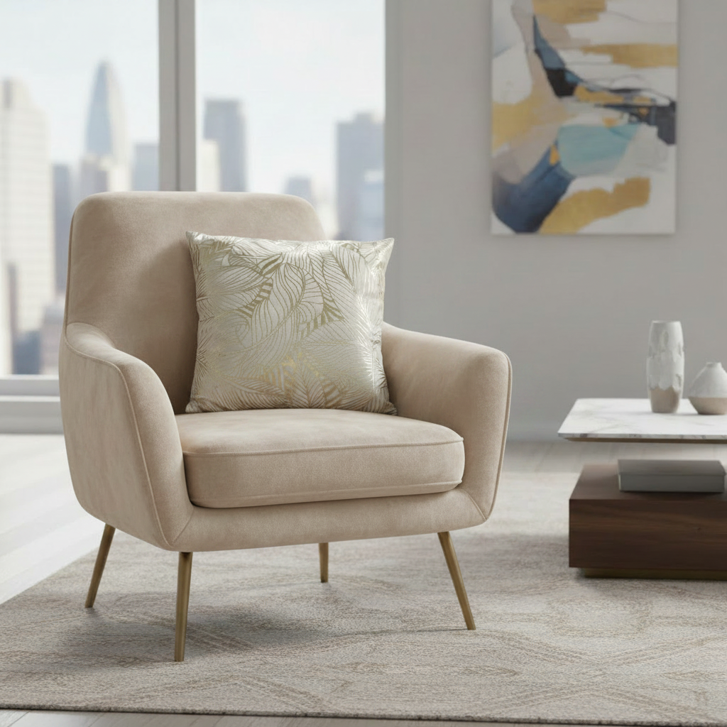 Beige armchair with a decorative pillow in a modern living room setting.