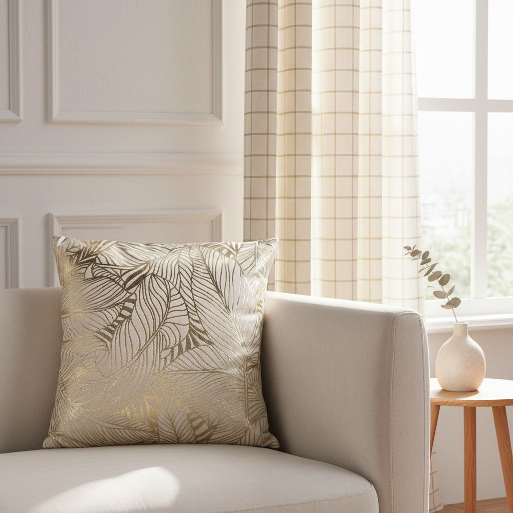 Decorative pillow with leaf pattern on a beige sofa in a bright room.