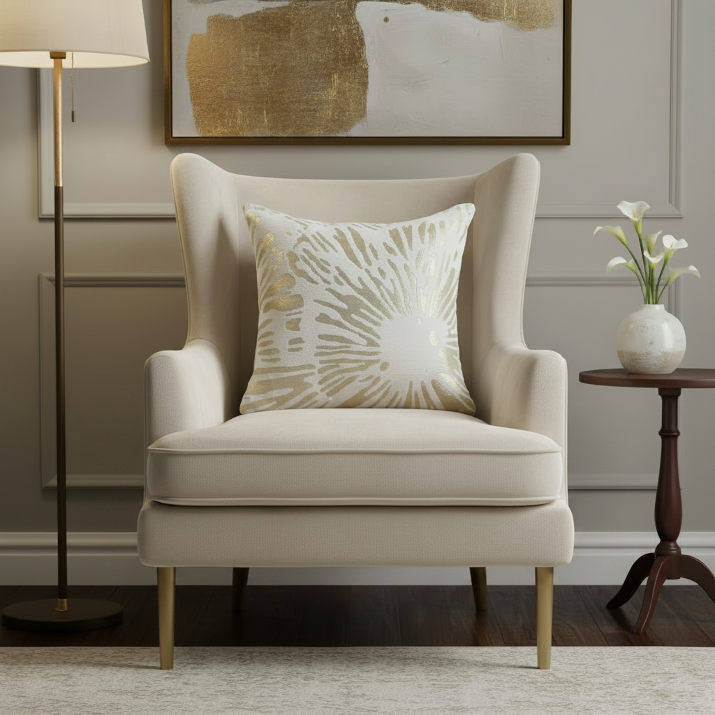 Beige armchair with a decorative pillow in a room with a lamp and side table.