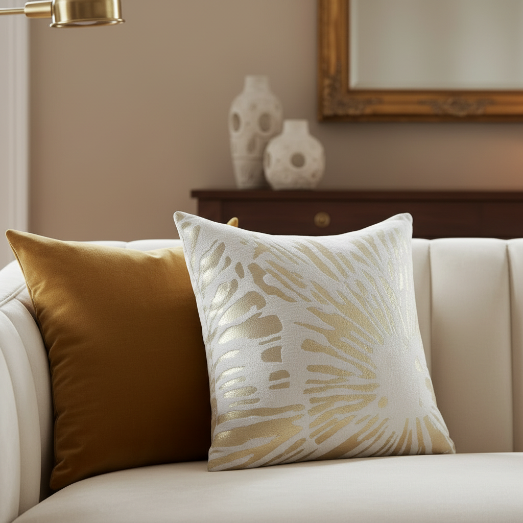 Decorative pillows on a sofa with a neutral background