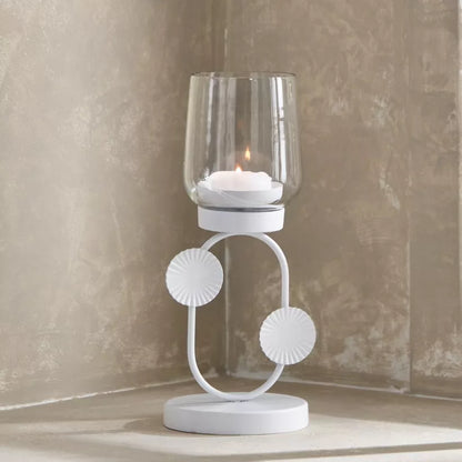 Modern White Leaf Metal and Glass Hurricane Candleholder