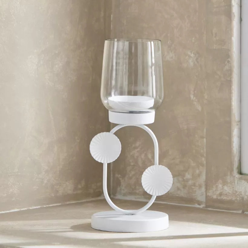 Modern White Leaf Metal and Glass Hurricane Candleholder