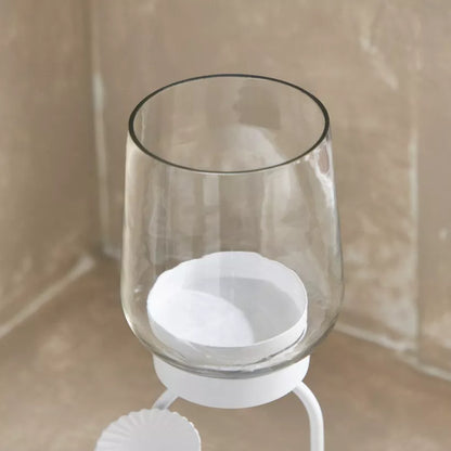 Modern White Leaf Metal and Glass Hurricane Candleholder
