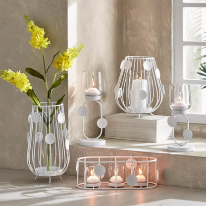 Modern White Leaf Metal and Glass Hurricane Candleholder