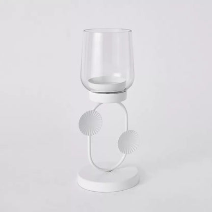 Modern White Leaf Metal and Glass Hurricane Candleholder