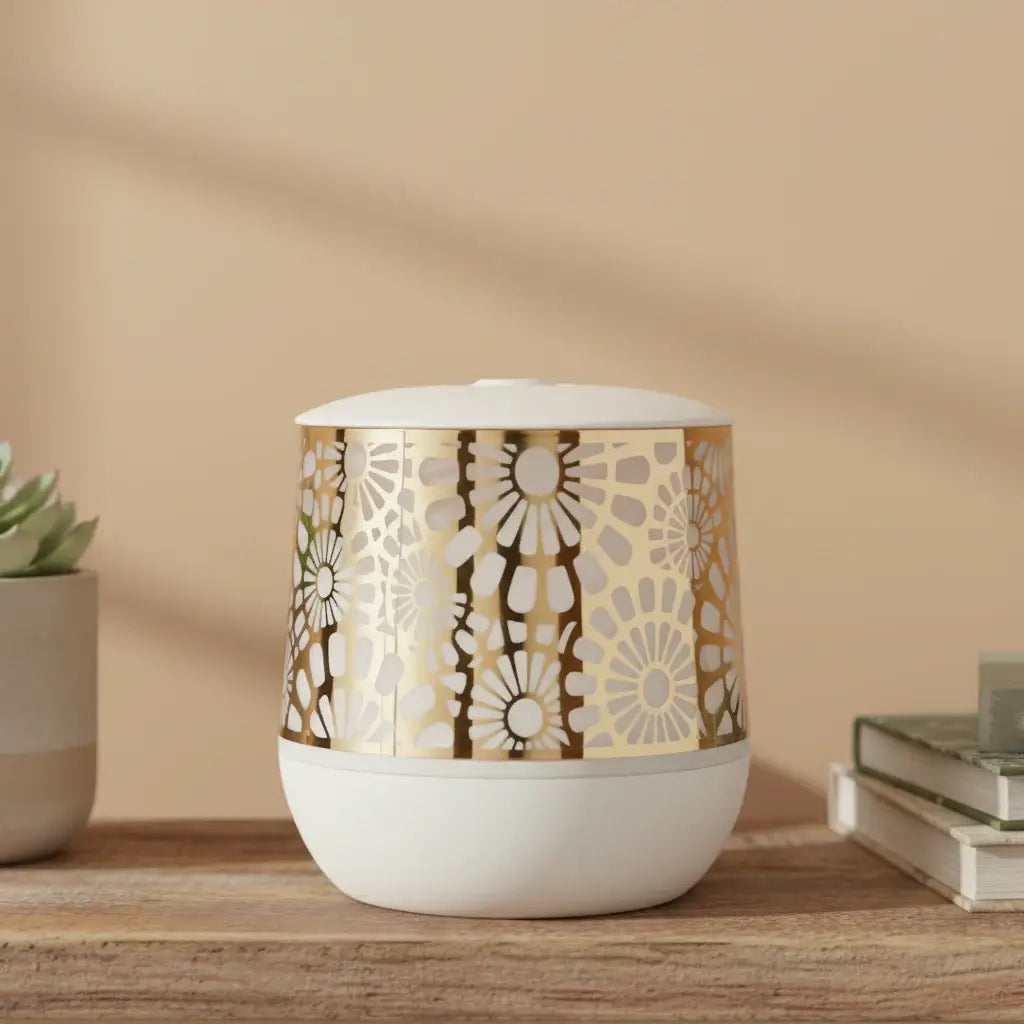 Decorative lamp with floral pattern on a wooden surface against a beige background