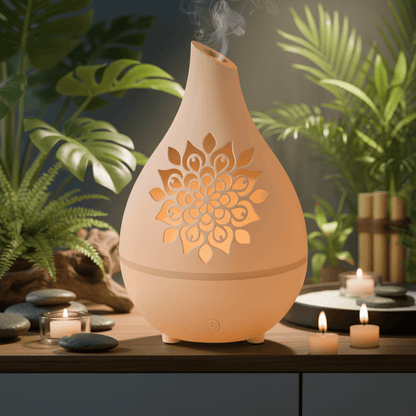 Decorative diffuser with floral design on a table with candles and plants
