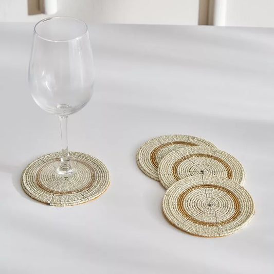 Hand-Beaded Natural & Gold Coasters (Set of 4)