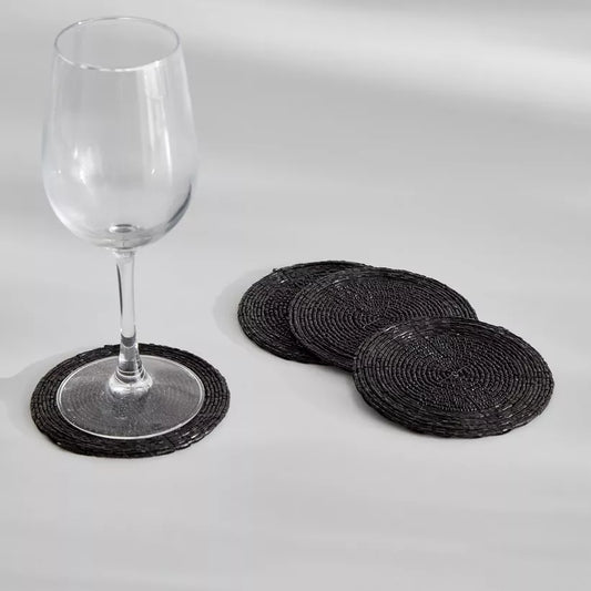 Chic Black Beaded Round Coasters (Set of 4)