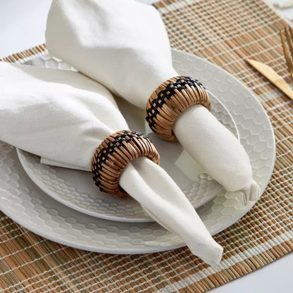 Handwoven Rattan & Black Accent Napkin Rings (Set of 2)