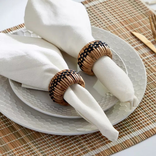 Handwoven Rattan & Black Accent Napkin Rings (Set of 2)