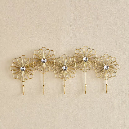 Gilded Floral Wall Hook Rack with Crystal Accents