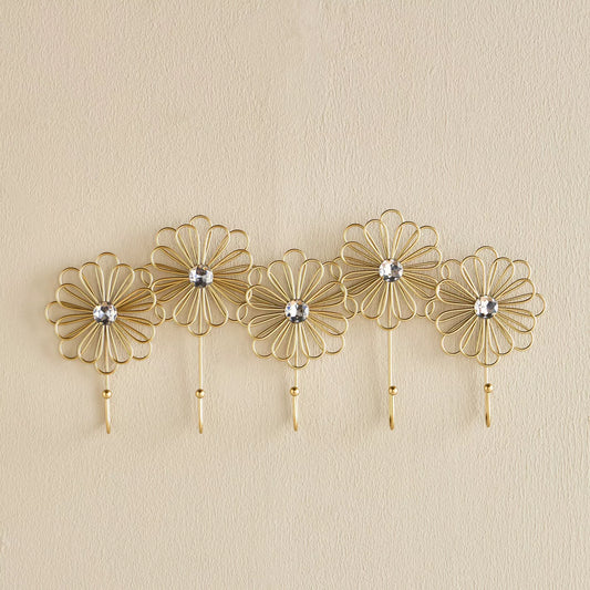 Gilded Floral Wall Hook Rack with Crystal Accents