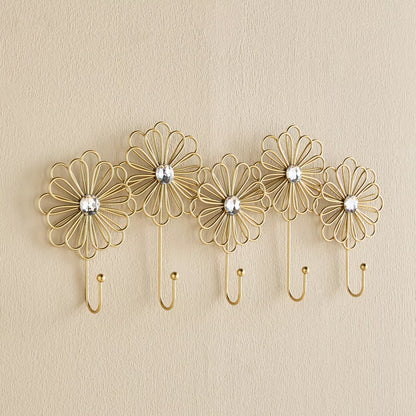Gilded Floral Wall Hook Rack with Crystal Accents