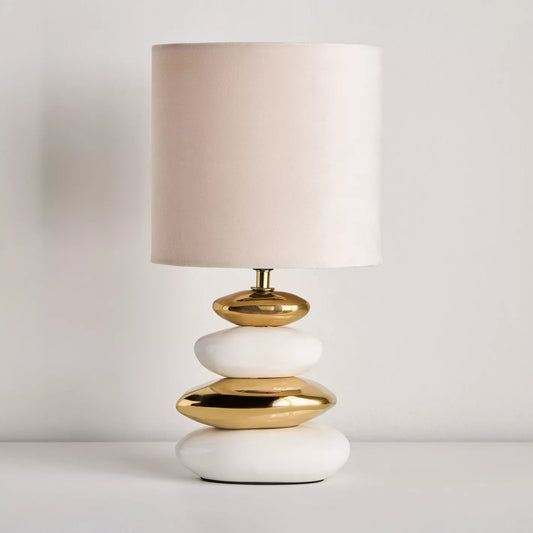 Chic White & Gold Stacked Pebble Ceramic Table Lamp with White Shade - 38 cm