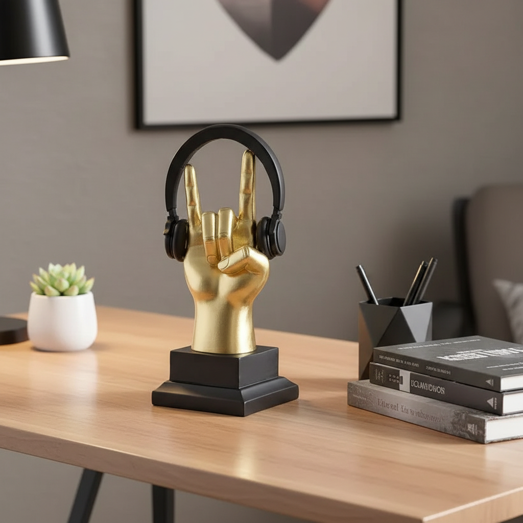 Gold hand sculpture with headphones on a desk with books and a plant.