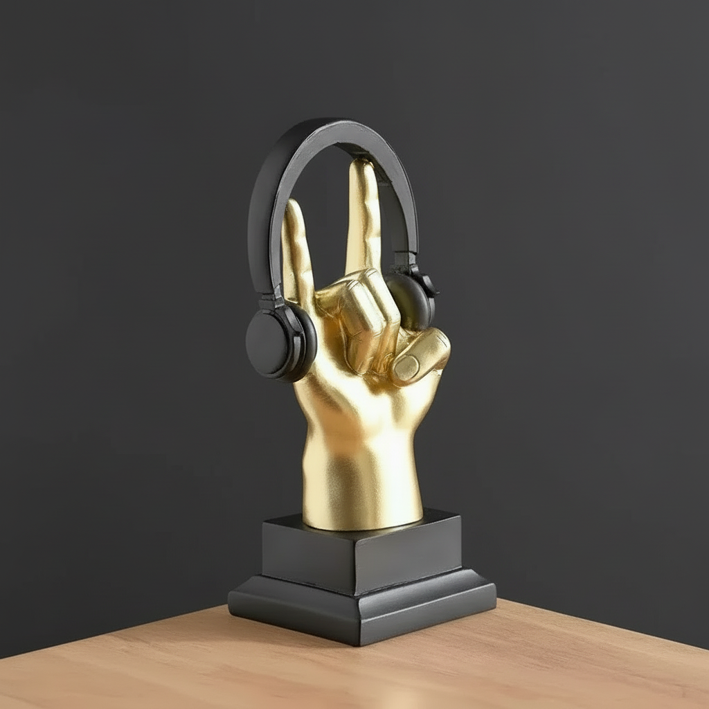 Gold hand sculpture holding black headphones on a wooden surface with a dark background