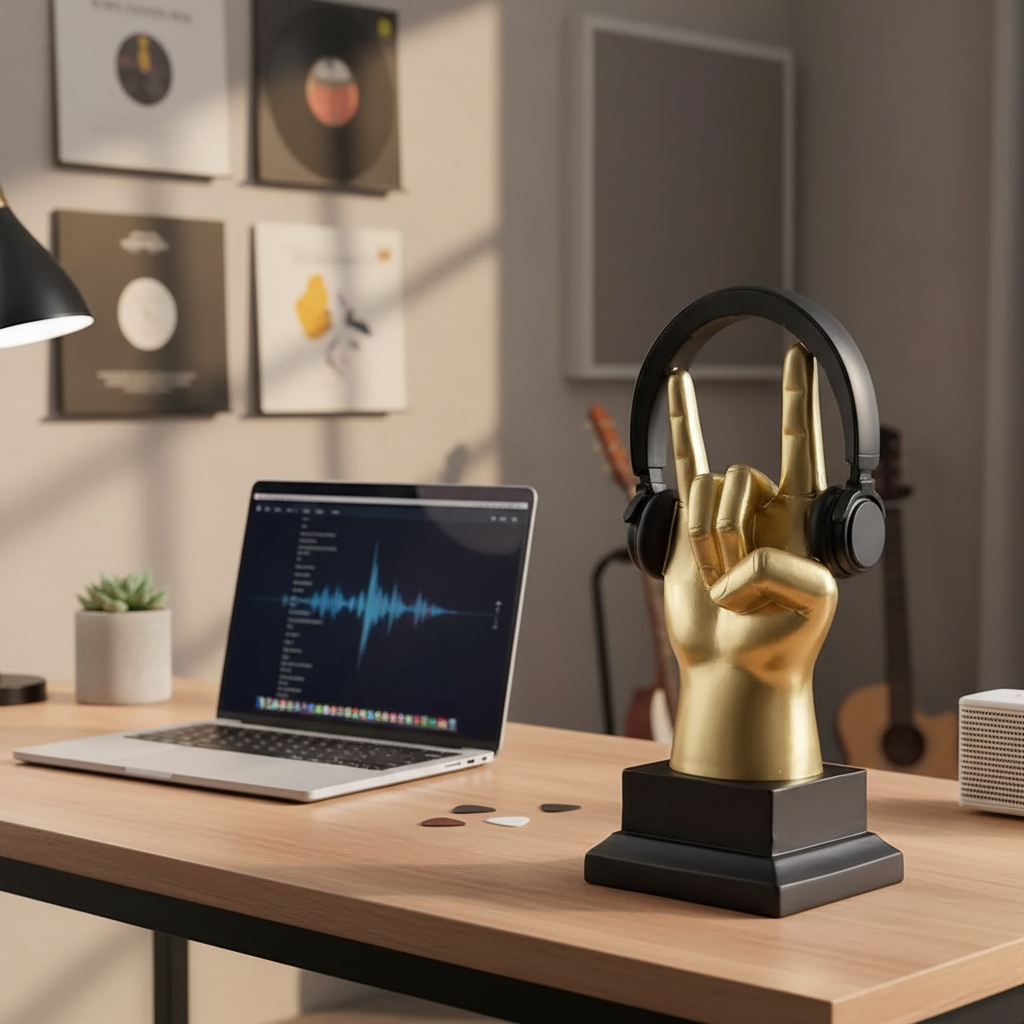 Gold hand holding black headphones on a wooden surface with a gray background