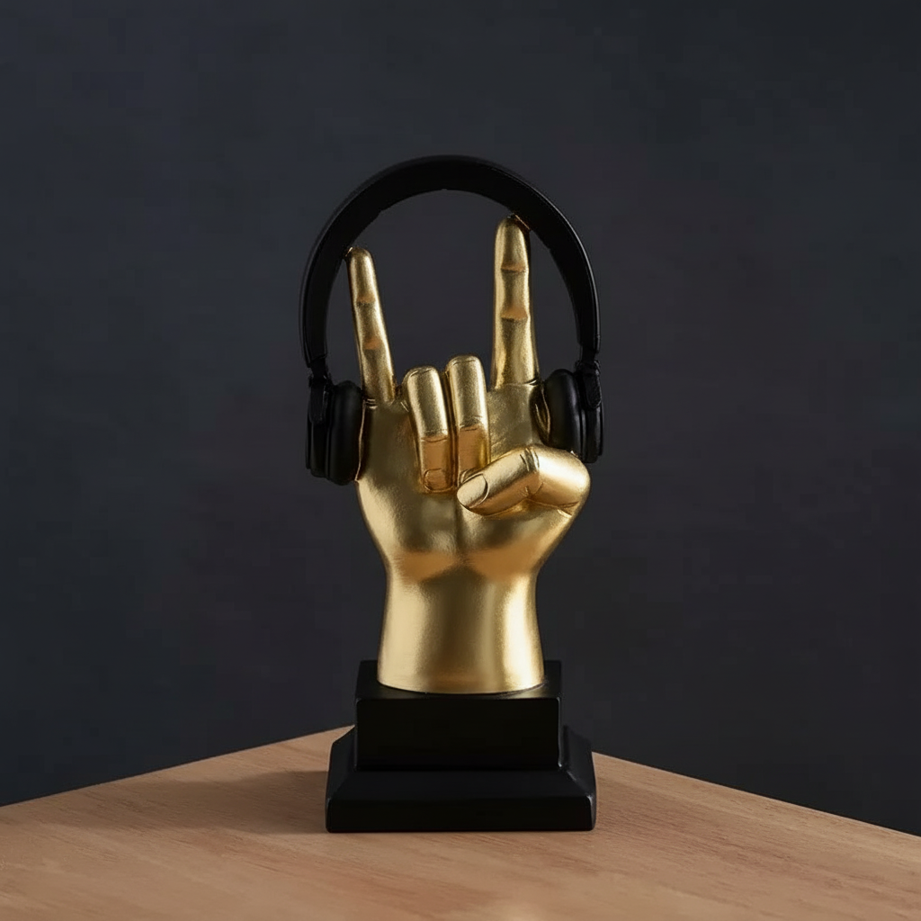 Gold hand sculpture with black headphones on a wooden surface and dark background