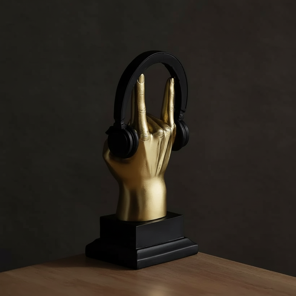 Gold hand holding black headphones on a gray background