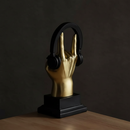 Gold hand holding black headphones on a gray background